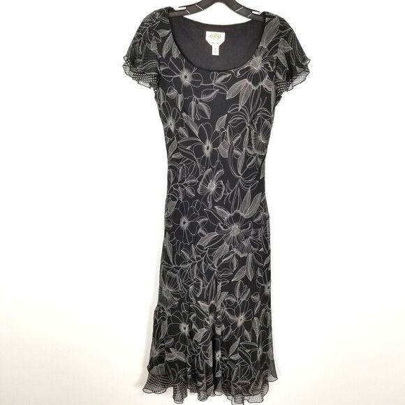Talbots Women Pure Silk Floral Midi Dress Sz 10 Black Gray Cap Sleeve Fairy - Picture 1 of 8